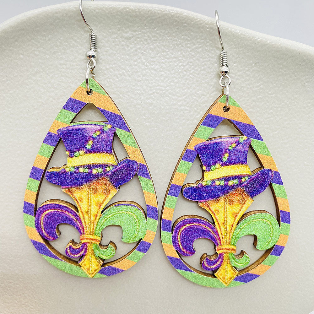 Wholesale Colorful Festival Exaggerated Mask Water Drop Hollow Wooden Earrings